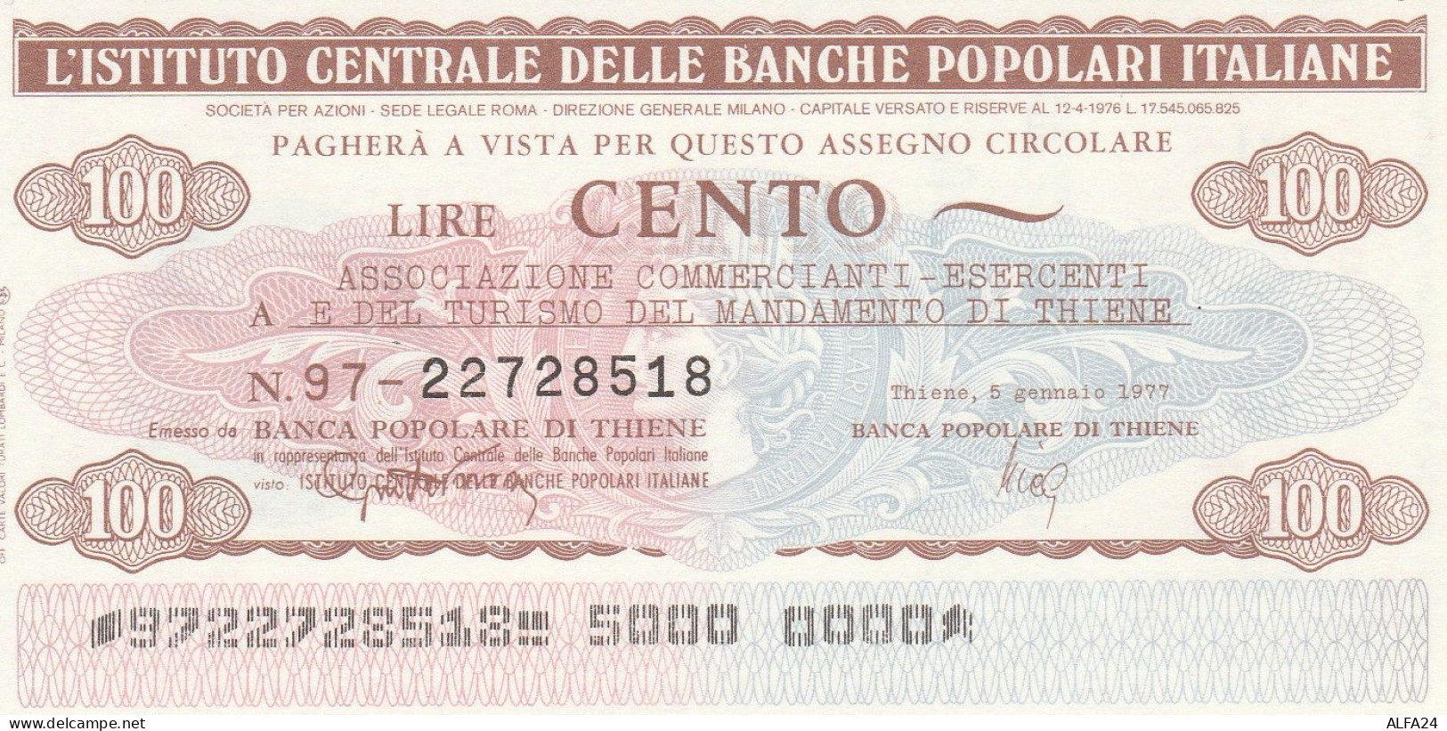 MINIASSEGNO IST.CENTR. BP ITALIANE 100 L. ASS COMM THIENE (A538---FDS - [10] Assegni E Miniassegni
