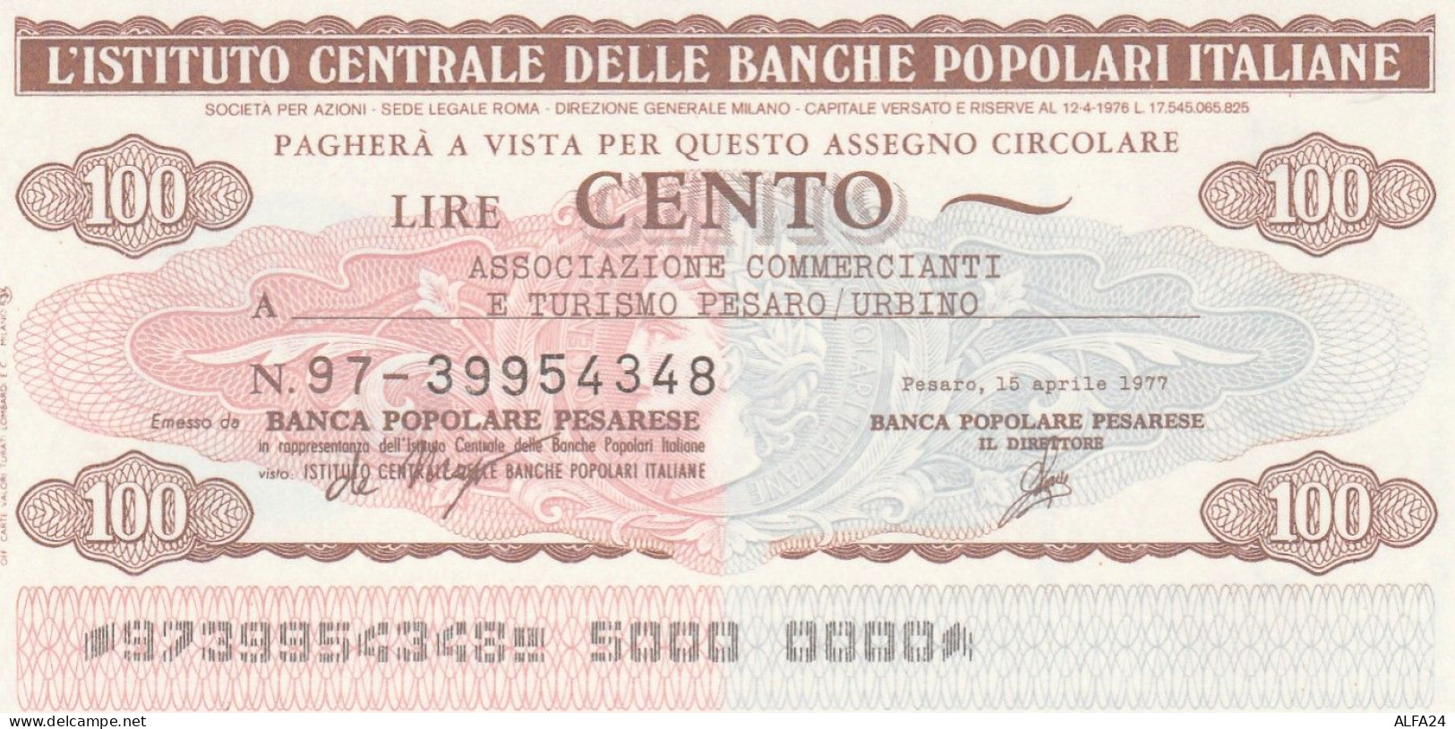 MINIASSEGNO IST.CENTR. BP ITALIANE 100 L. ASS COMM PESARO URBINO (A521---FDS - [10] Assegni E Miniassegni