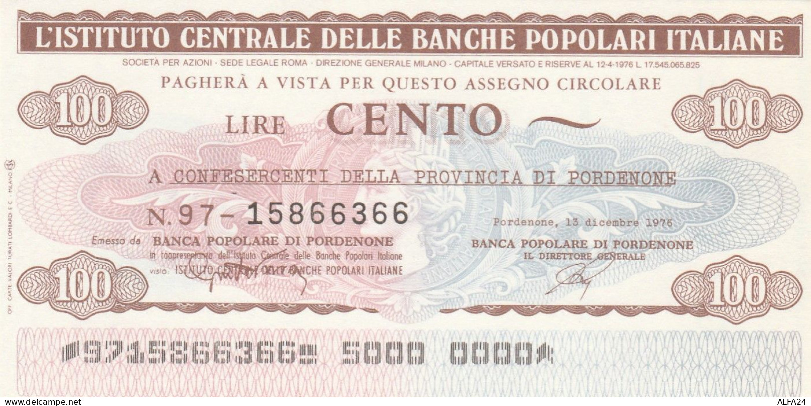 MINIASSEGNO IST.CENTR. BP ITALIANE 100 L. CONFES PN (A504---FDS - [10] Assegni E Miniassegni