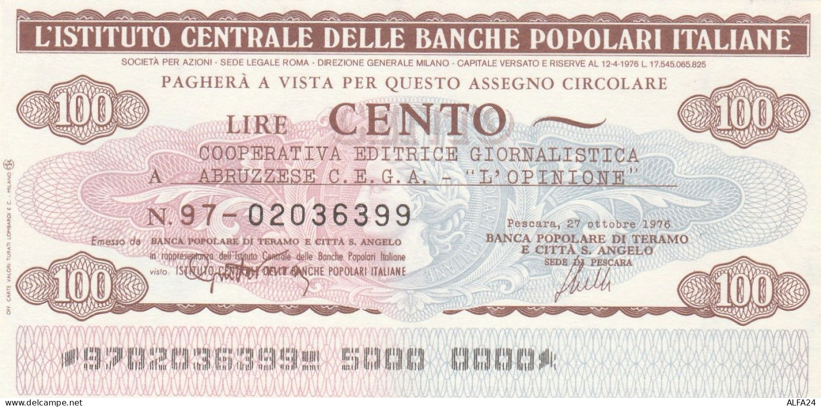 MINIASSEGNO IST.CENTR. BP ITALIANE 100 L. COOP EDITRICE L'OPINIONE (A509---FDS - [10] Assegni E Miniassegni