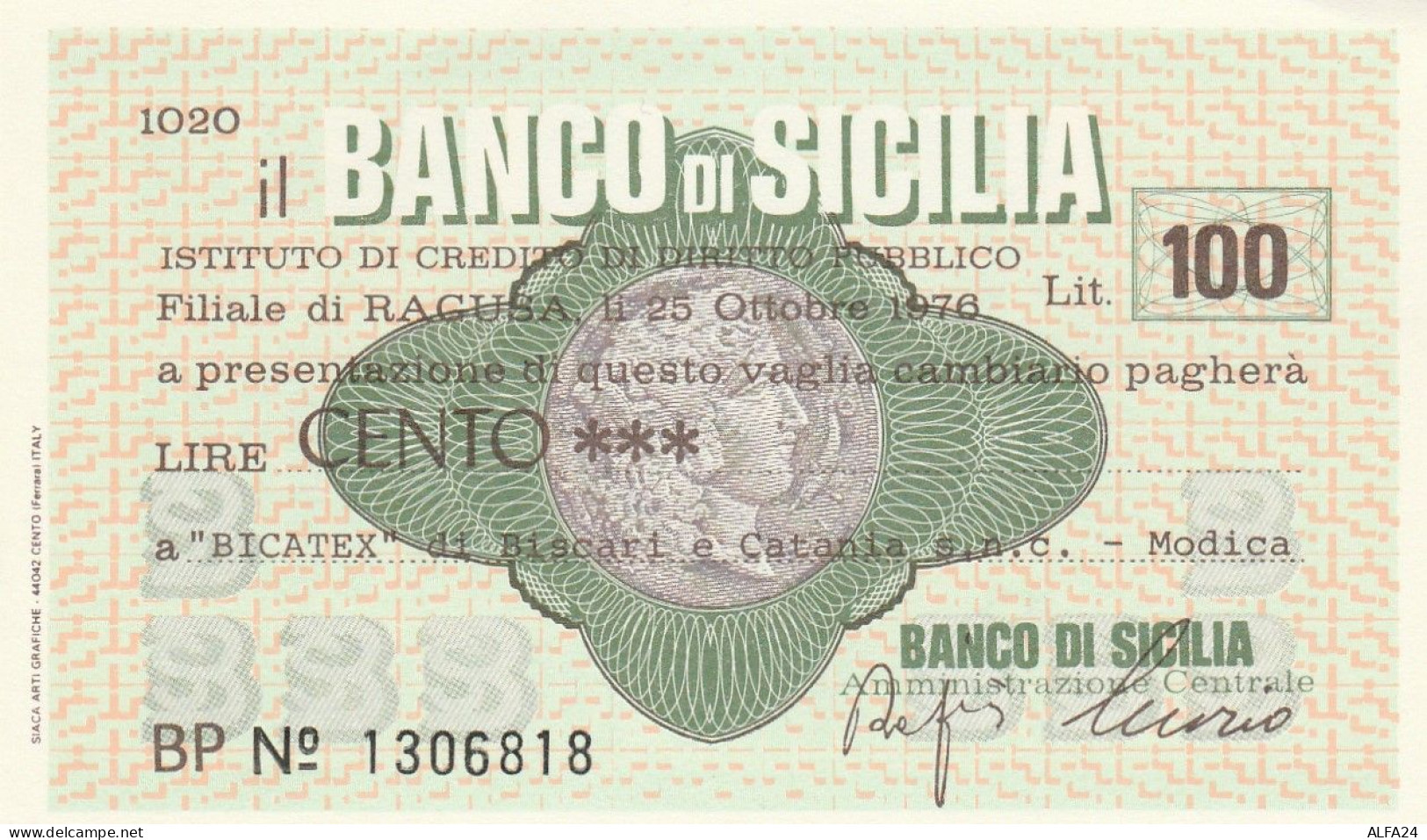 MINIASSEGNO BANCO DI SICILIA 100 L. BICATEX (A371---FDS - [10] Assegni E Miniassegni