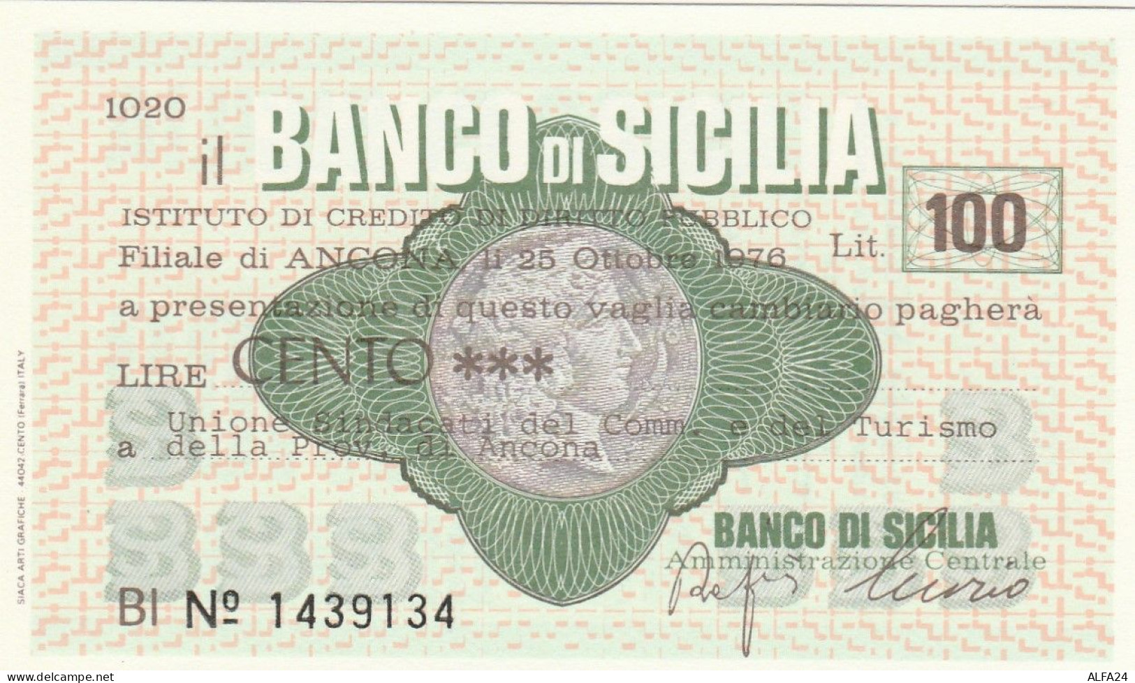 MINIASSEGNO BANCO DI SICILIA 100 L. ASS COMM ANCONA (A369---FDS - [10] Cheques Y Mini-cheques