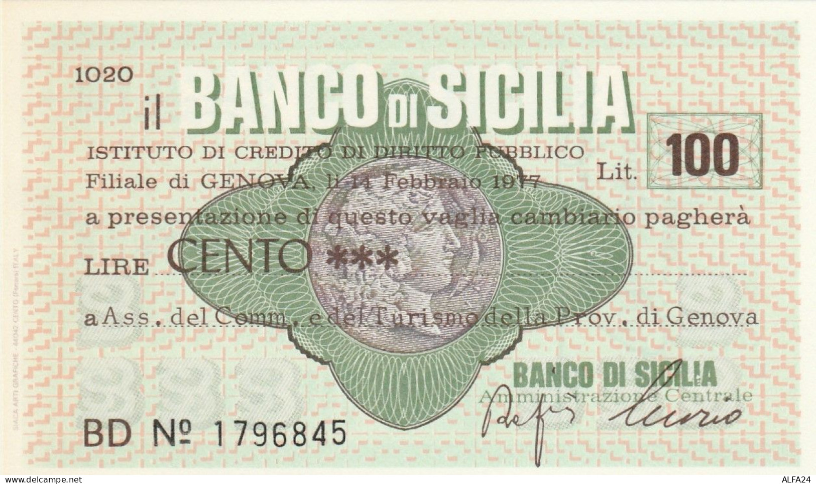 MINIASSEGNO BANCO DI SICILIA 100 L. ASS COMM GENOVA (A368---FDS - [10] Assegni E Miniassegni