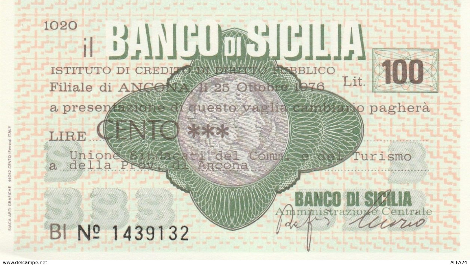 MINIASSEGNO BANCO DI SICILIA 100 L. ASS COMM ANCONA (A366---FDS - [10] Cheques Y Mini-cheques