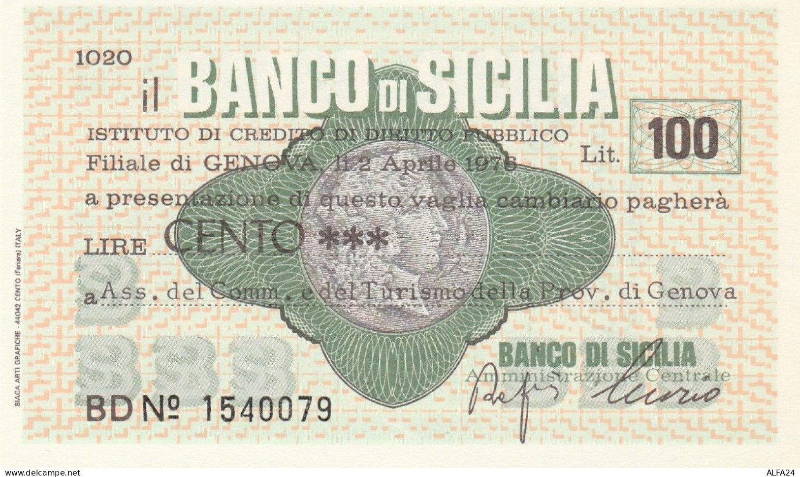 MINIASSEGNO BANCO DI SICILIA 100 L. ASS COMM GENOVA (A364---FDS - [10] Assegni E Miniassegni