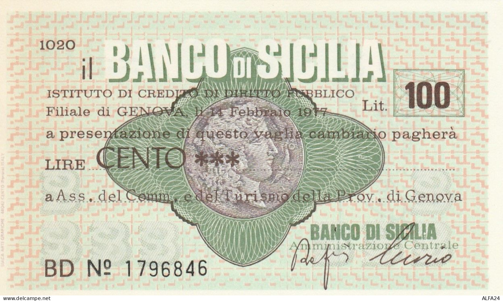 MINIASSEGNO BANCO DI SICILIA 100 L. ASS COMM GENOVA (A365---FDS - [10] Cheques Y Mini-cheques