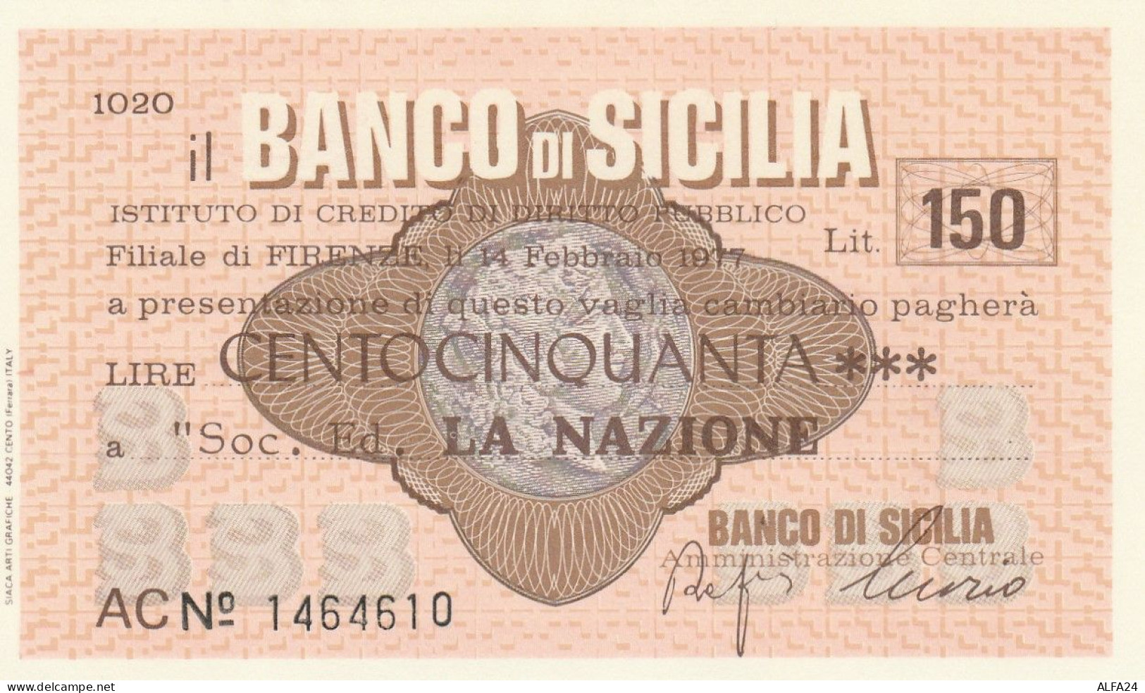 MINIASSEGNO BANCO DI SICILIA 150 L. LA NAZIONE (A360---FDS - [10] Assegni E Miniassegni