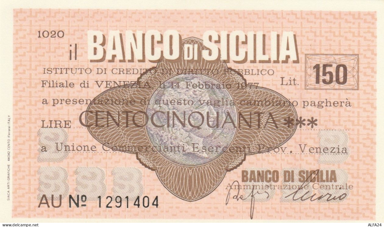 MINIASSEGNO BANCO DI SICILIA 150 L. UN COMM VE (A356---FDS - [10] Assegni E Miniassegni
