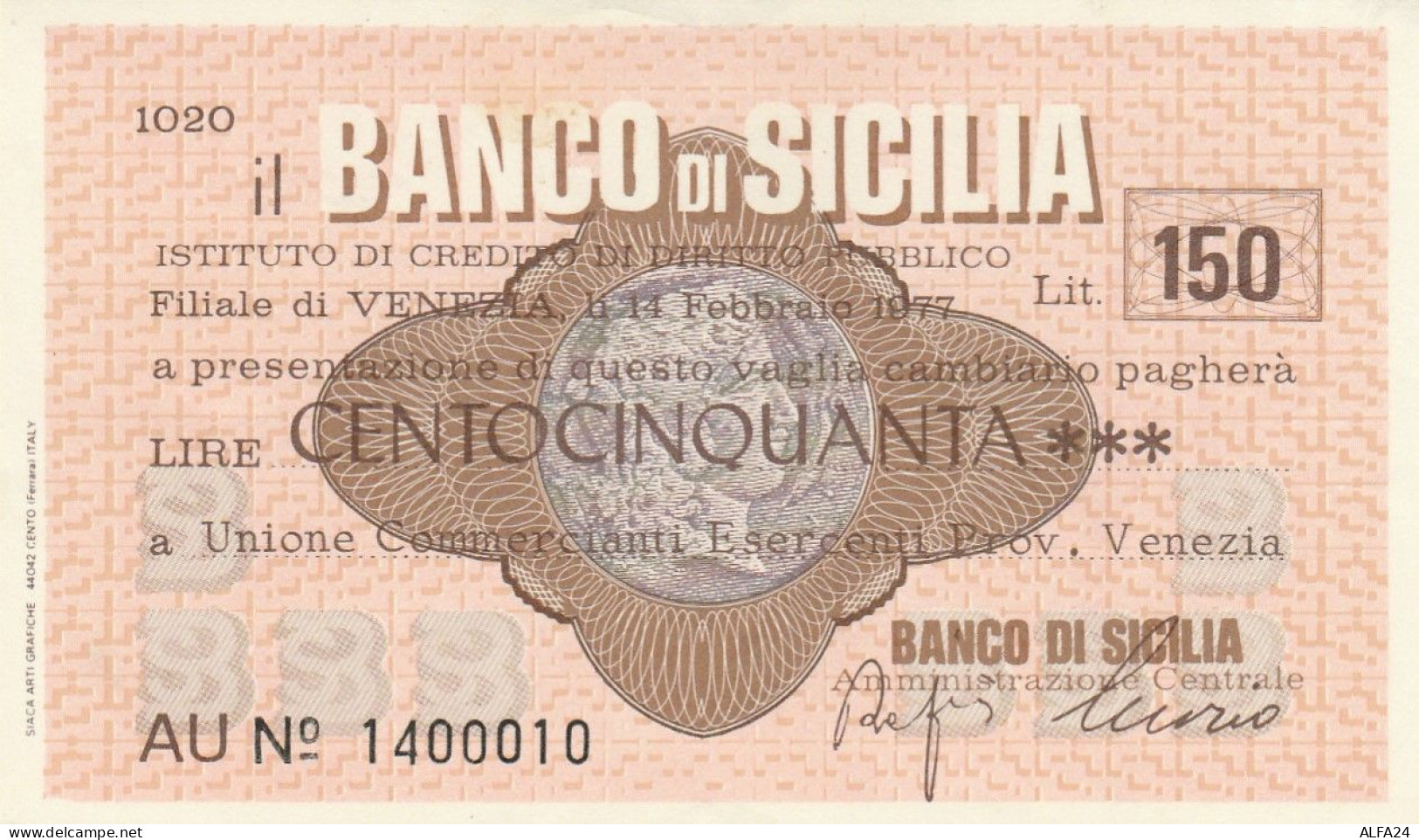 MINIASSEGNO BANCO DI SICILIA 150 L. UN COMM VE (A355---FDS - [10] Cheques Y Mini-cheques