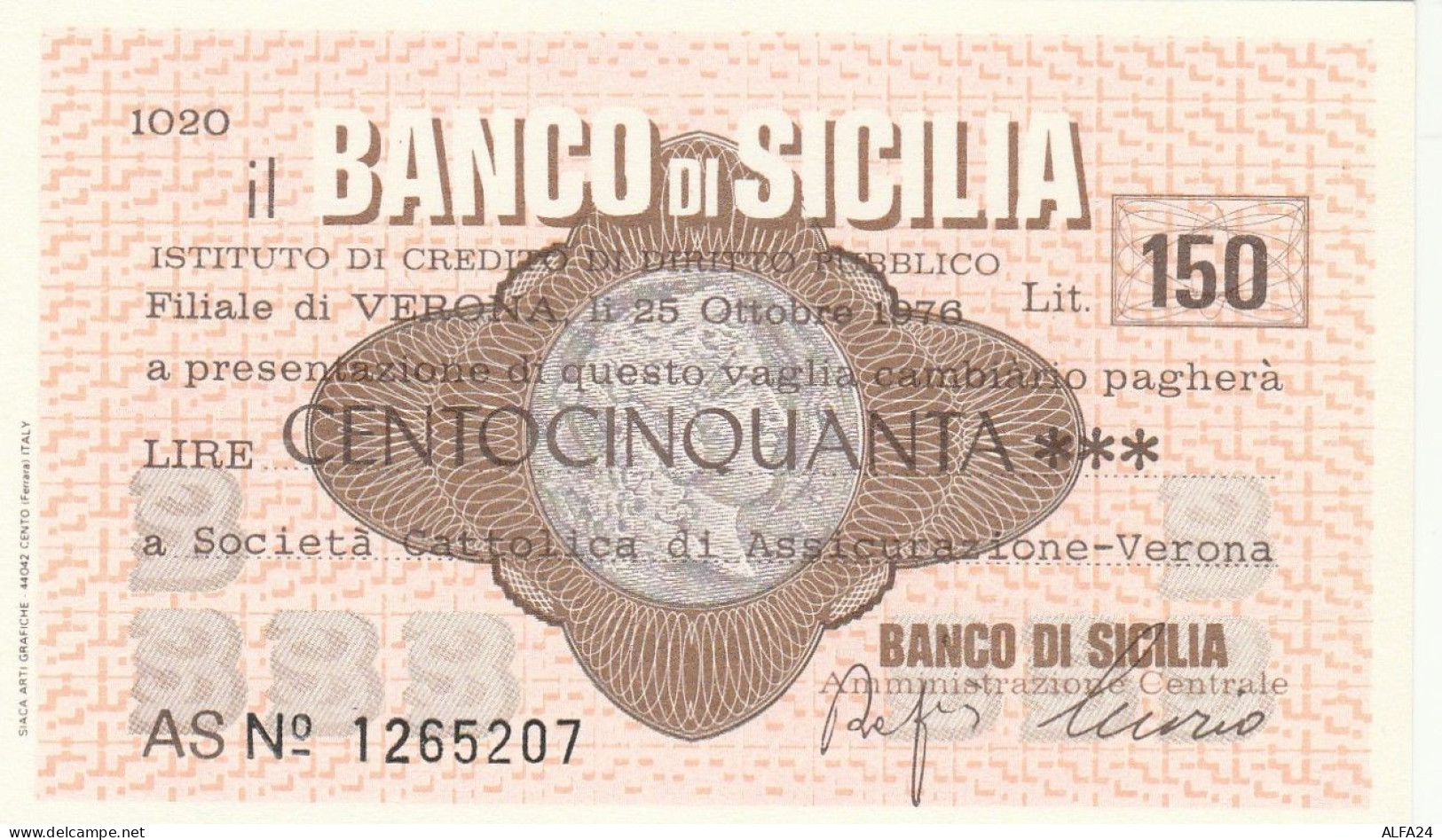 MINIASSEGNO BANCO DI SICILIA 150 L. SOCIETA CATTOLICA ASSIC (A353---FDS - [10] Chèques