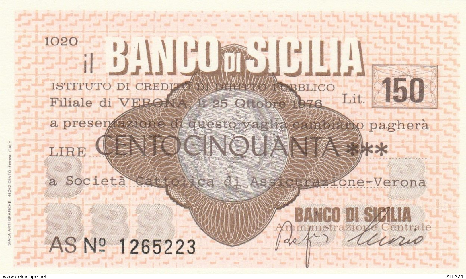 MINIASSEGNO BANCO DI SICILIA 150 L. SOCIETA CATTOLICA ASSIC (A352---FDS - [10] Assegni E Miniassegni