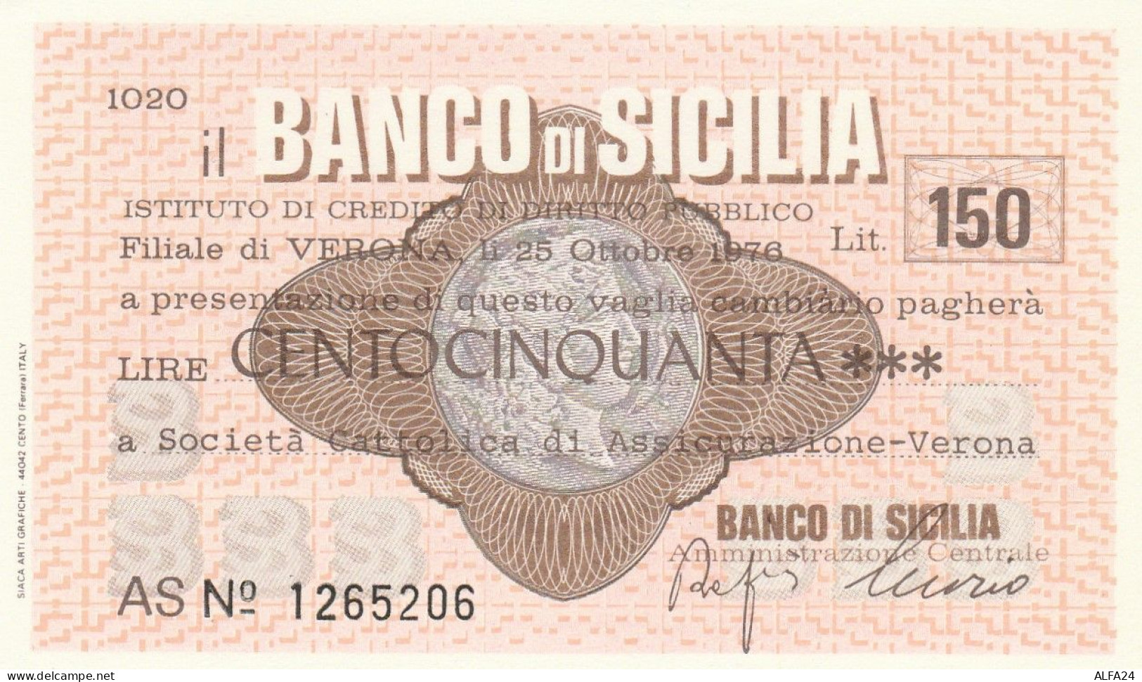 MINIASSEGNO BANCO DI SICILIA 150 L. SOCIETA CATTOLICA ASSIC (A351---FDS - [10] Assegni E Miniassegni