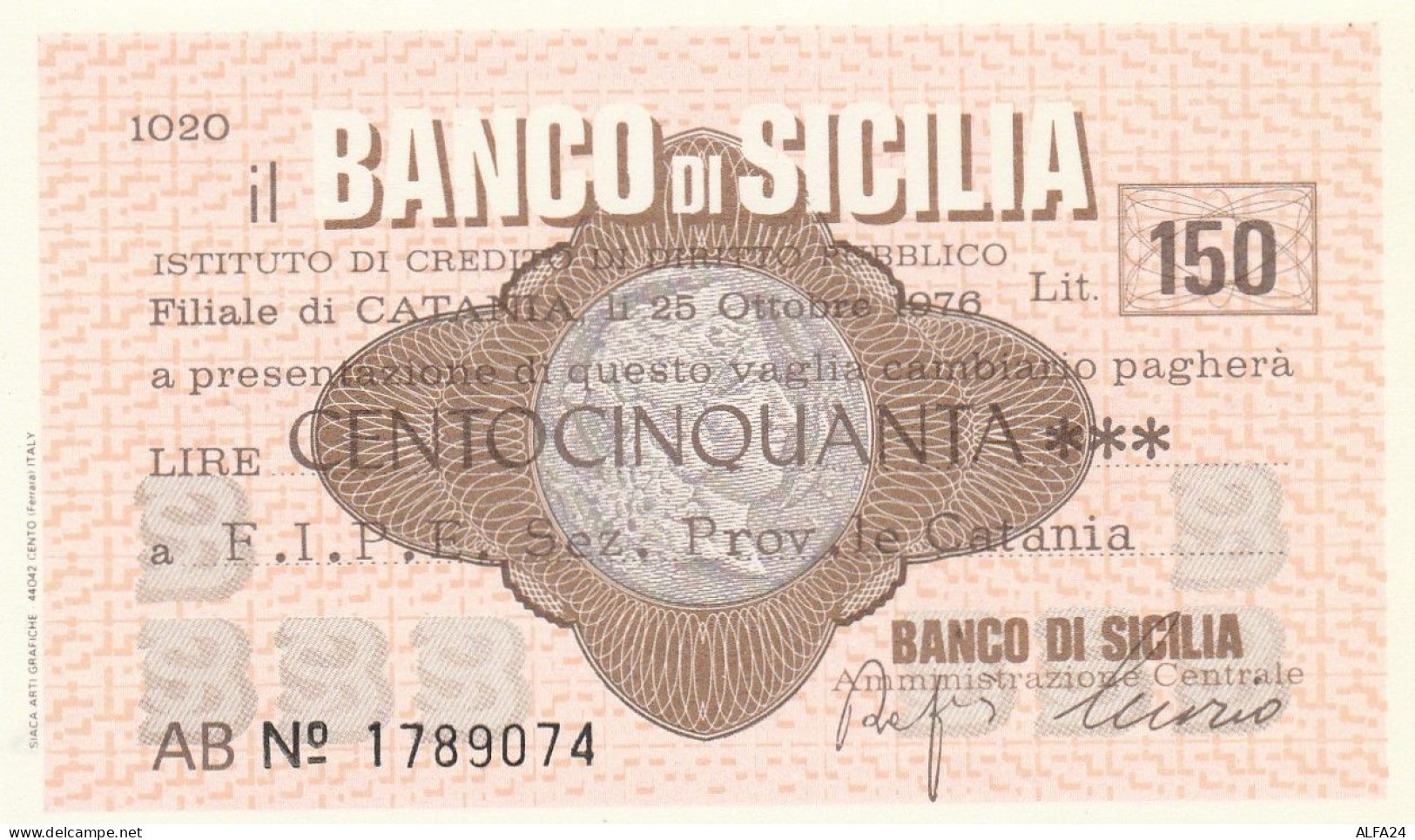 MINIASSEGNO BANCO DI SICILIA 150 L. FIPE (A350---FDS - [10] Assegni E Miniassegni