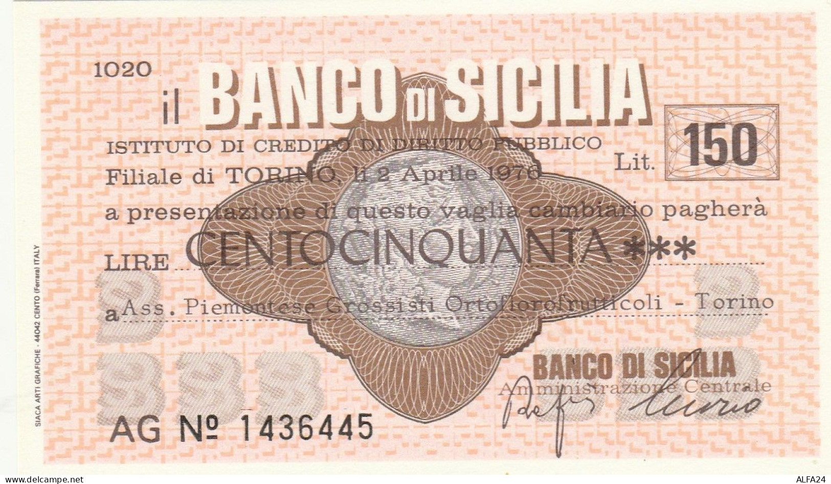 MINIASSEGNO BANCO DI SICILIA 150 L. ASS PIEMONTESE ORTOFLOROFRUT. (A338---FDS - [10] Checks And Mini-checks