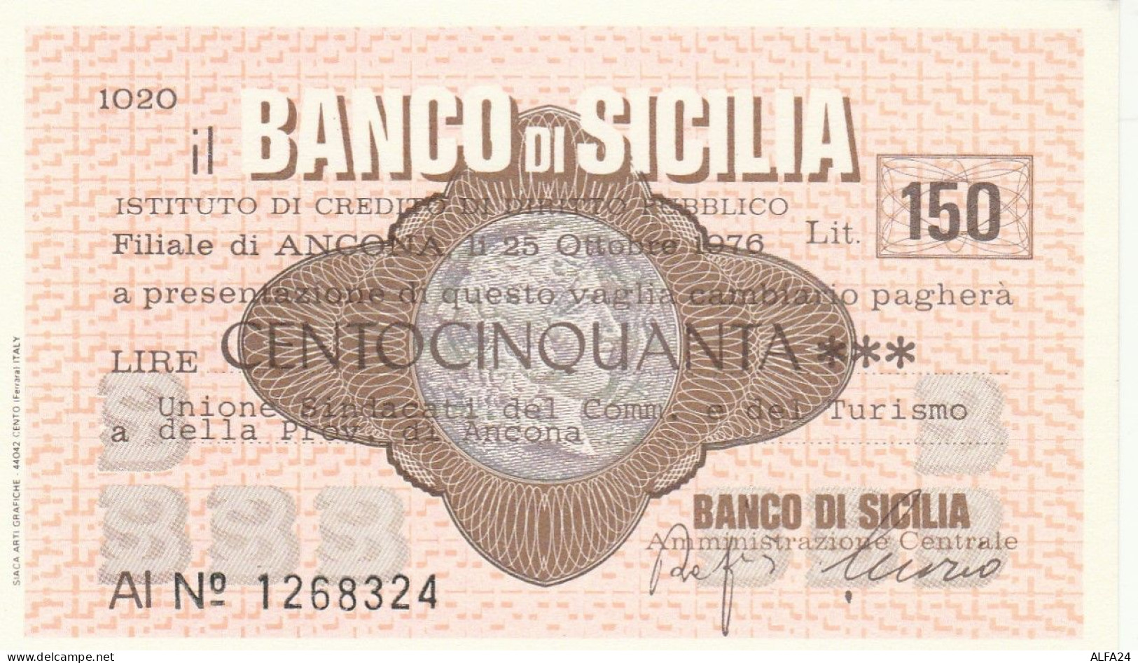 MINIASSEGNO BANCO DI SICILIA 150 L. UNIONE SINDACATI AN (A345---FDS - [10] Assegni E Miniassegni