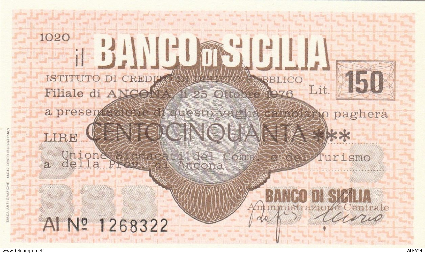 MINIASSEGNO BANCO DI SICILIA 150 L. UNIONE SINDACATI AN (A343---FDS - [10] Assegni E Miniassegni