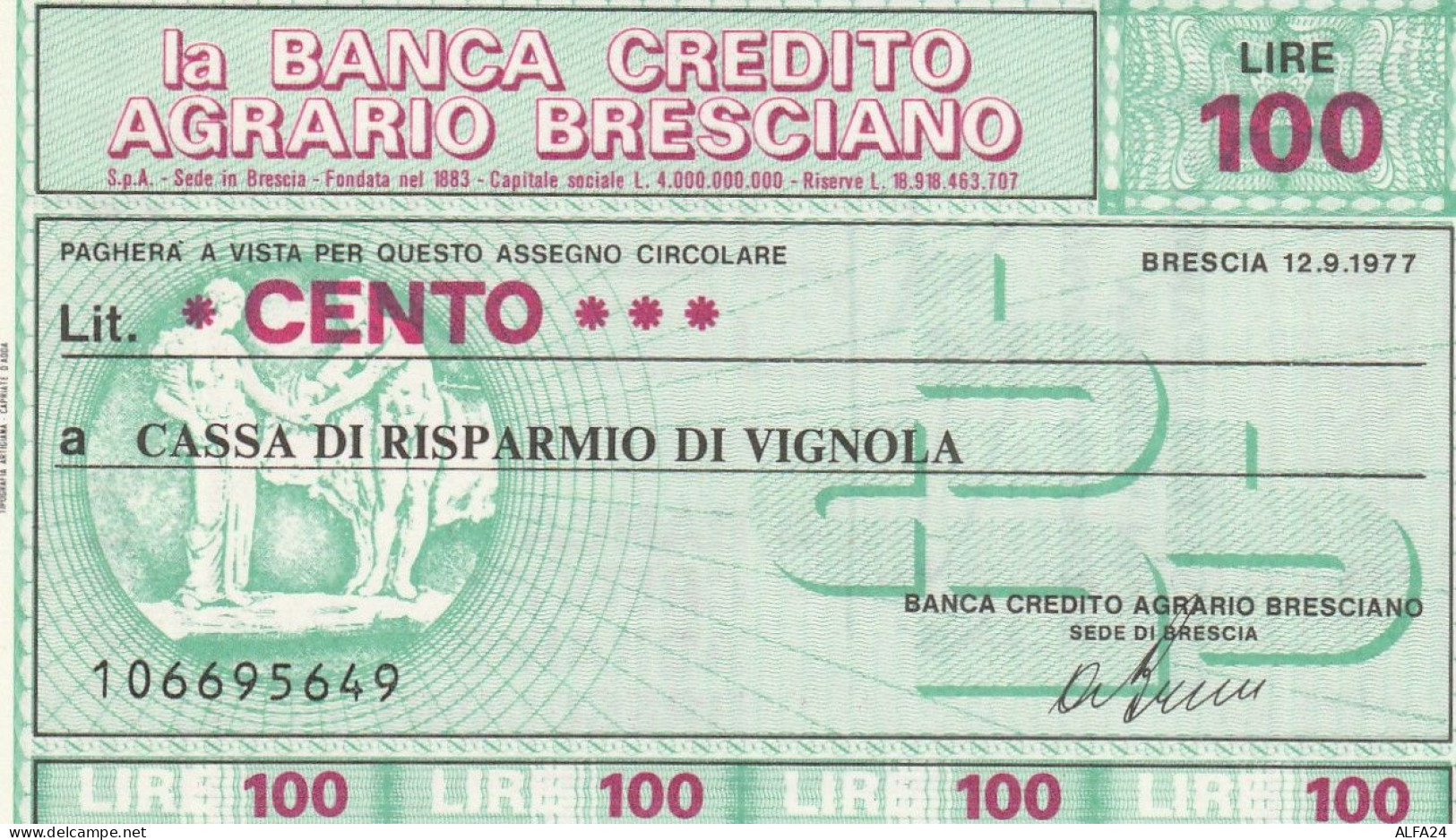 MINIASSEGNO BANCA CREDITO AGRAZIO BRESCIANO 100 L. CR VIGNOLA (A329---FDS - [10] Assegni E Miniassegni