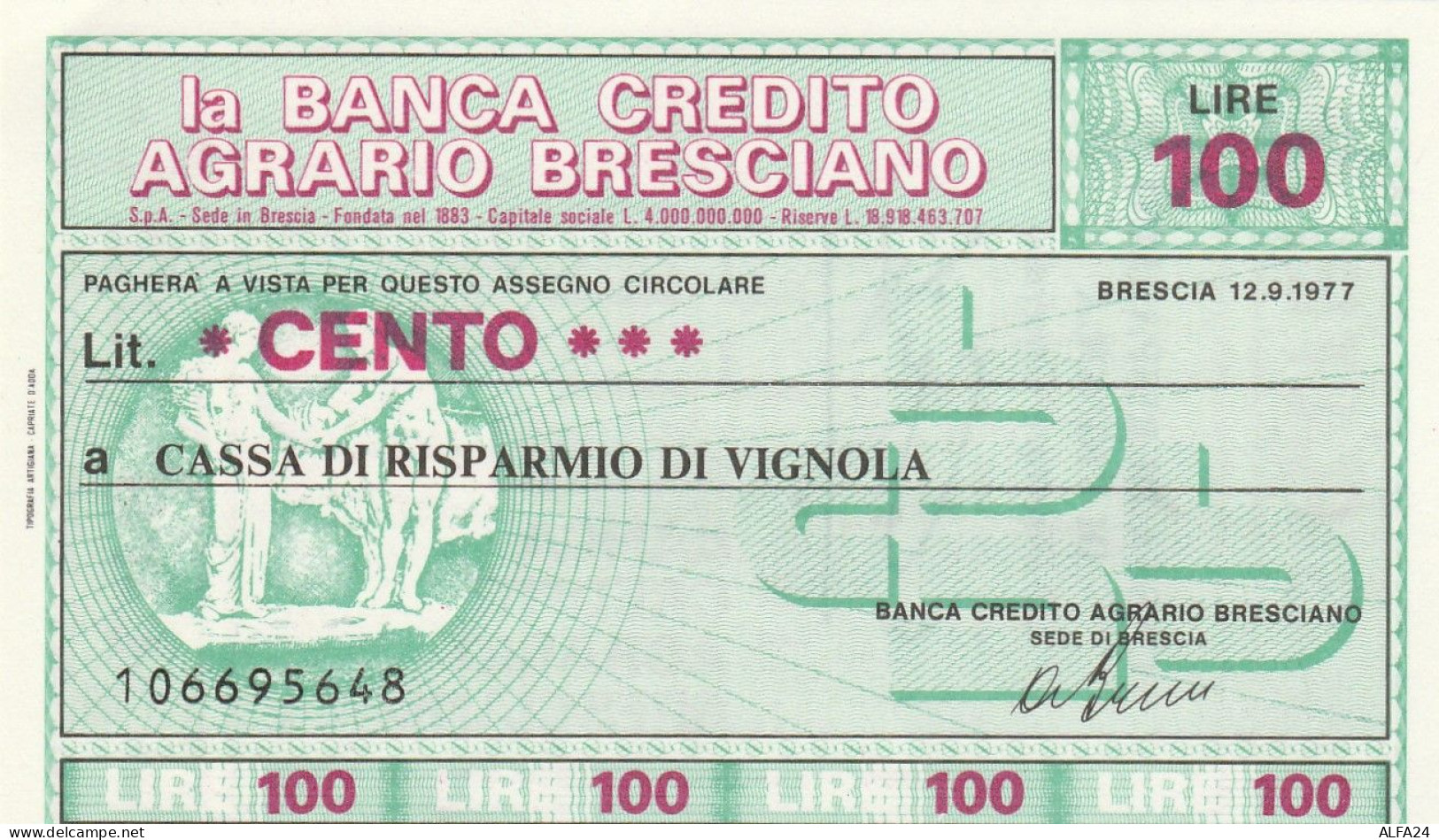 MINIASSEGNO BANCA CREDITO AGRAZIO BRESCIANO 100 L. CR VIGNOLA (A328---FDS - [10] Assegni E Miniassegni