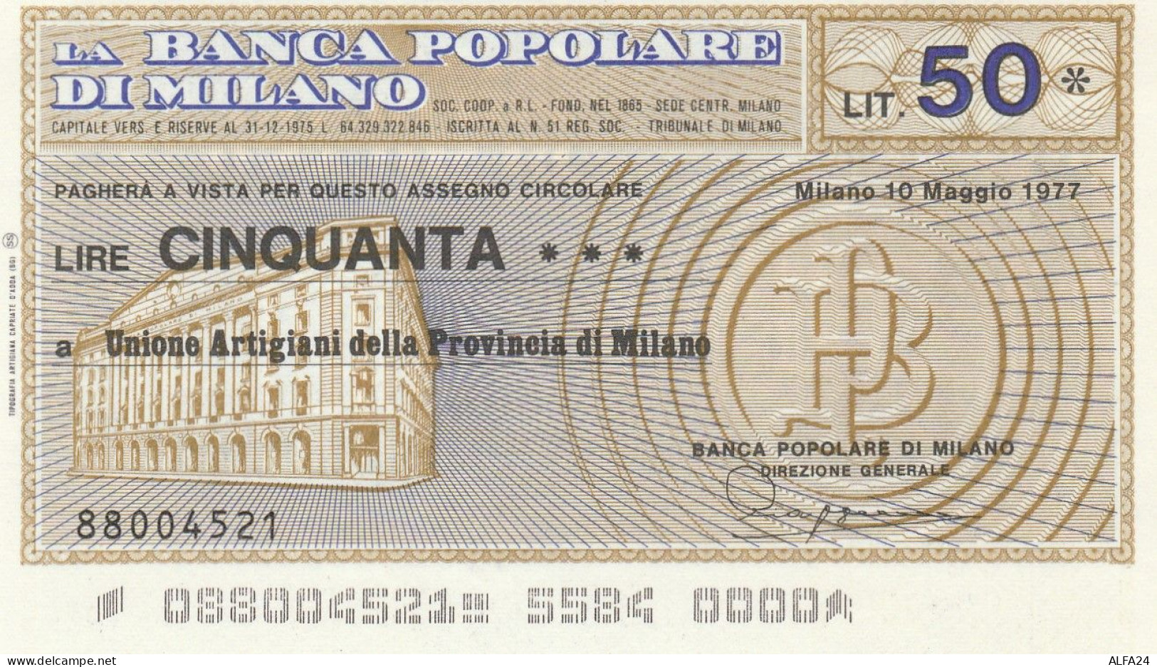 MINIASSEGNO BANCA POPOLARE MILANO 50 L. UN ARTIG MI (A298---FDS - [10] Checks And Mini-checks