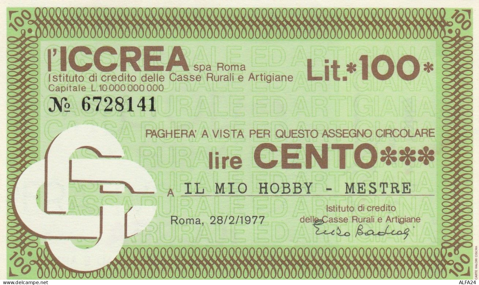 MINIASSEGNO ICCREA 100 L. IL MIO HOBBY (A319---FDS - [10] Checks And Mini-checks