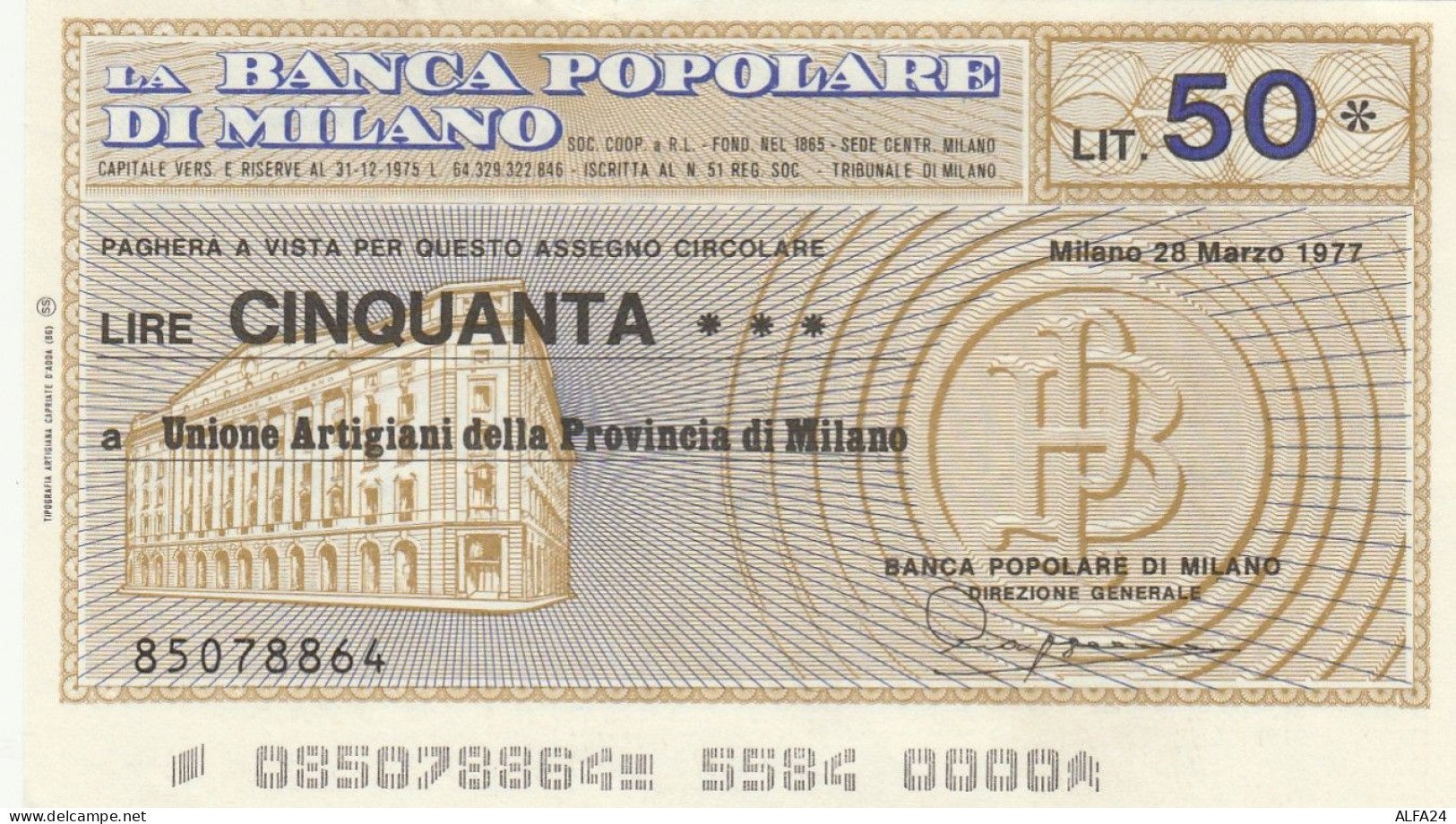 MINIASSEGNO BANCA POPOLARE MILANO 50 L. UN ARTIG MI (A303---FDS - [10] Assegni E Miniassegni