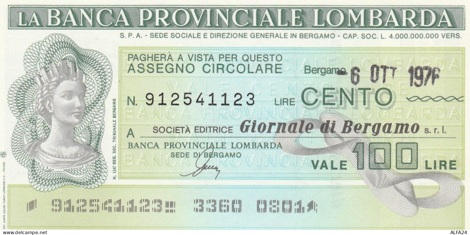 MINIASSEGNO BANCA PROV LOMBARDA 100 L. GIORNALE BG (A282---FDS - [10] Assegni E Miniassegni