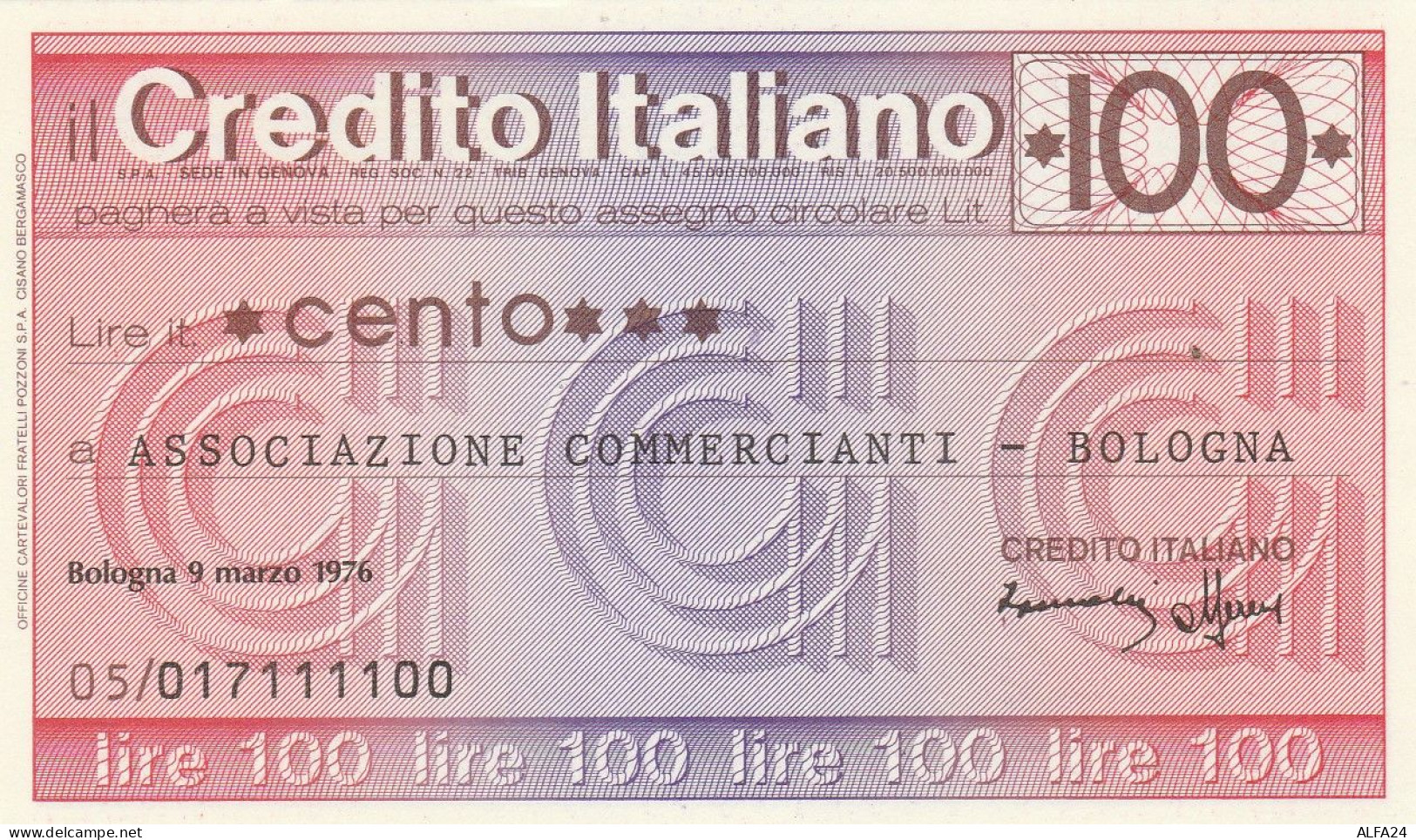 MINIASSEGNO CREDITO ITALIANO 100 L. ASS COMM BO (A290---FDS - [10] Cheques Y Mini-cheques