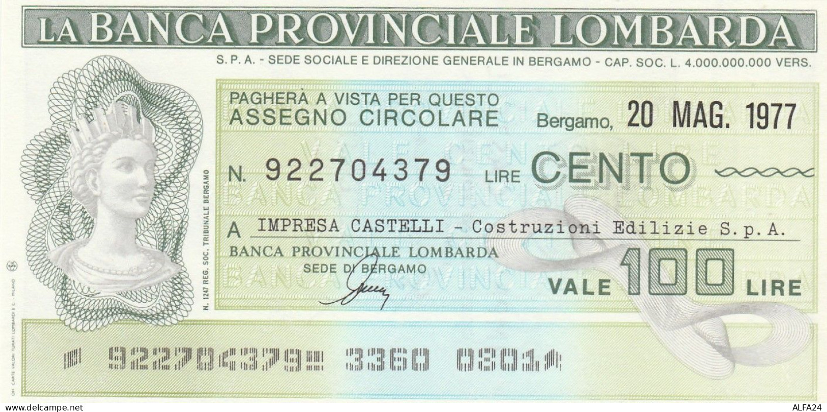 MINIASSEGNO BANCA PROV LOMBARDA 100 L. IMPRESA CASTELLI (A270---FDS - [10] Checks And Mini-checks