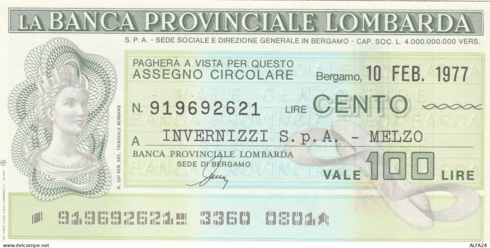 MINIASSEGNO BANCA PROV LOMBARDA 100 L. INVERNIZZI MELZO (A277---FDS - [10] Assegni E Miniassegni