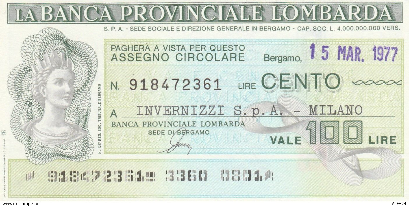 MINIASSEGNO BANCA PROV LOMBARDA 100 L. INVERNIZZI MILANO (A278---FDS - [10] Assegni E Miniassegni