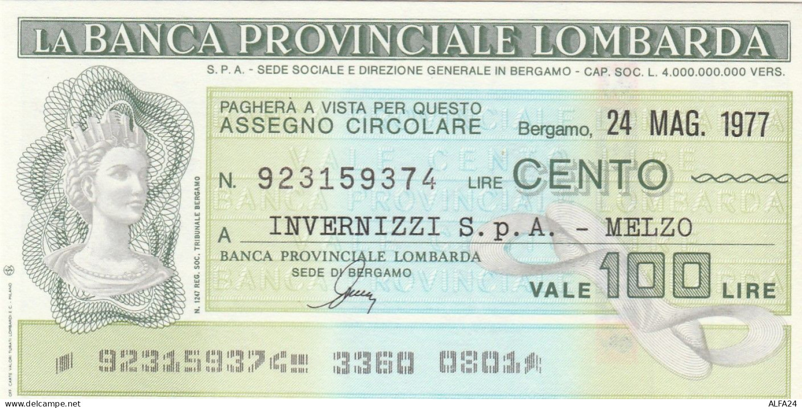 MINIASSEGNO BANCA PROV LOMBARDA 100 L. INVERNIZZI MELZO (A275---FDS - [10] Cheques Y Mini-cheques