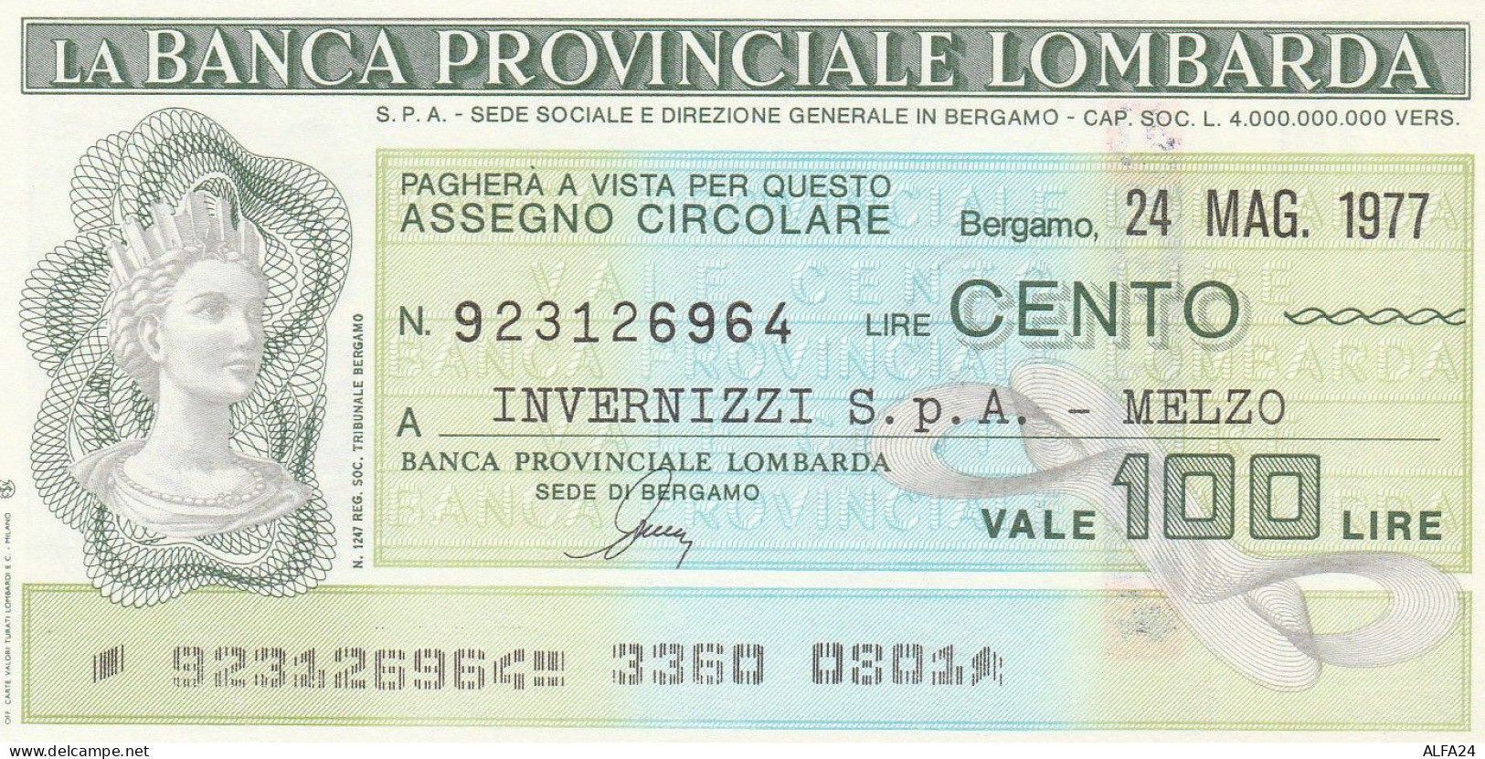 MINIASSEGNO BANCA PROV LOMBARDA 100 L. INVERNIZZI MELZO (A274---FDS - [10] Assegni E Miniassegni