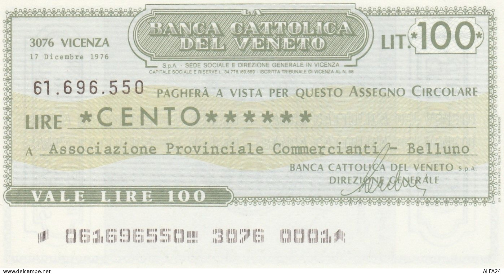 MINIASSEGNO BANCA CATTOLICA VENETO 100 L. ASS COMM BL (A231---FDS - [10] Scheck Und Mini-Scheck