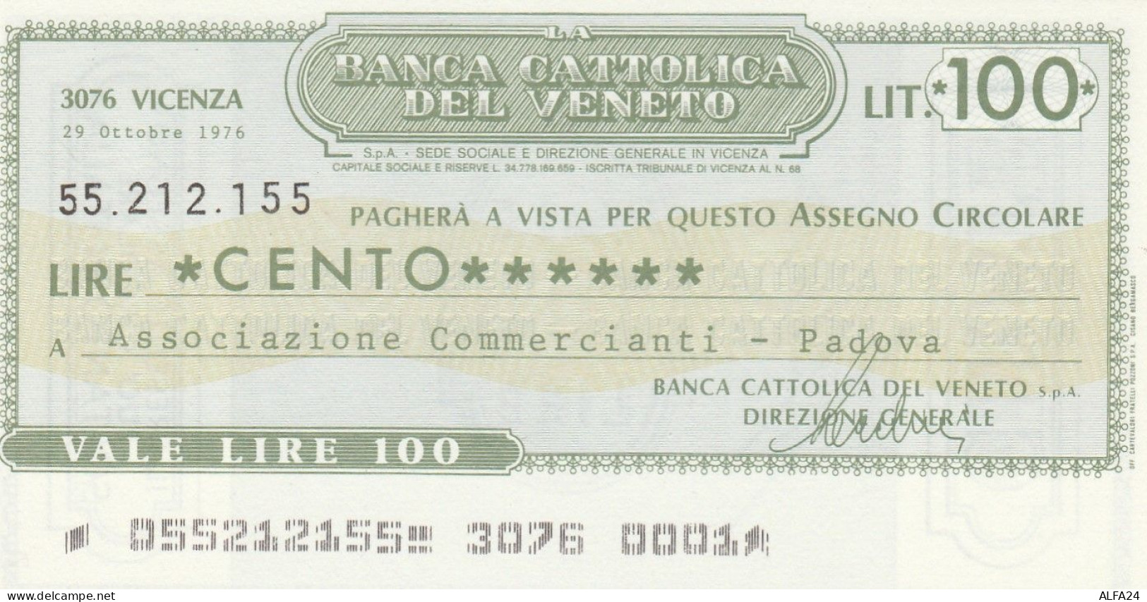 MINIASSEGNO BANCA CATTOLICA VENETO 100 L. ASS COMM PD (A218---FDS - [10] Chèques
