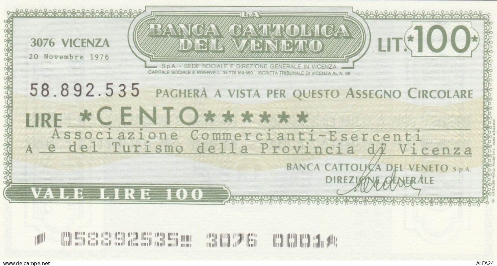 MINIASSEGNO BANCA CATTOLICA VENETO 100 L. ASS COMM VI (A226---FDS - [10] Checks And Mini-checks