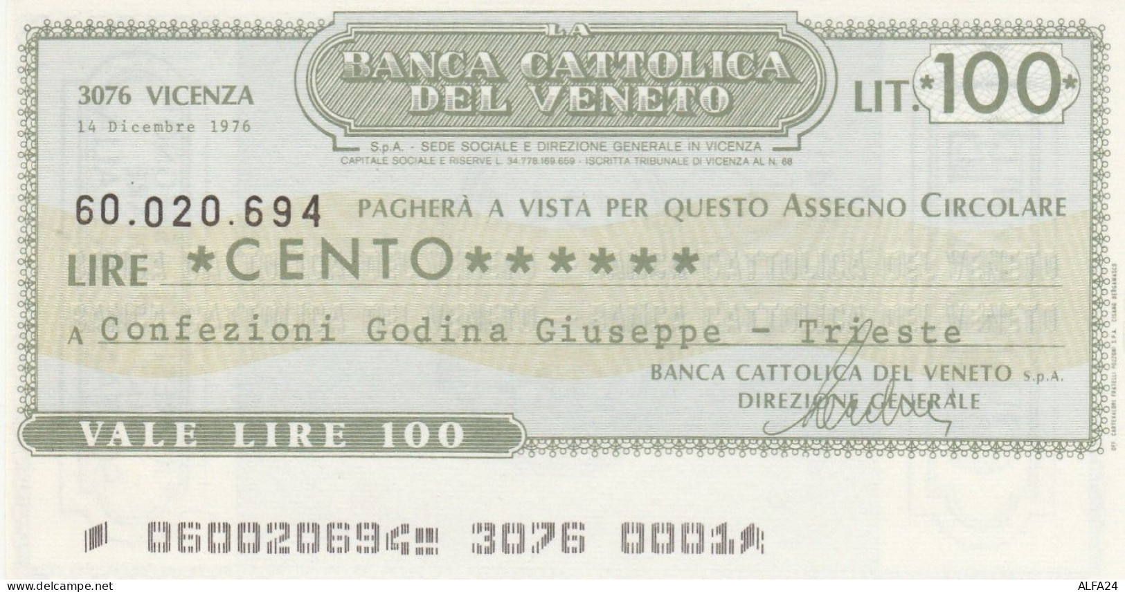 MINIASSEGNO BANCA CATTOLICA VENETO 100 L. CONFEZIONI GODINA (A217---FDS - [10] Chèques