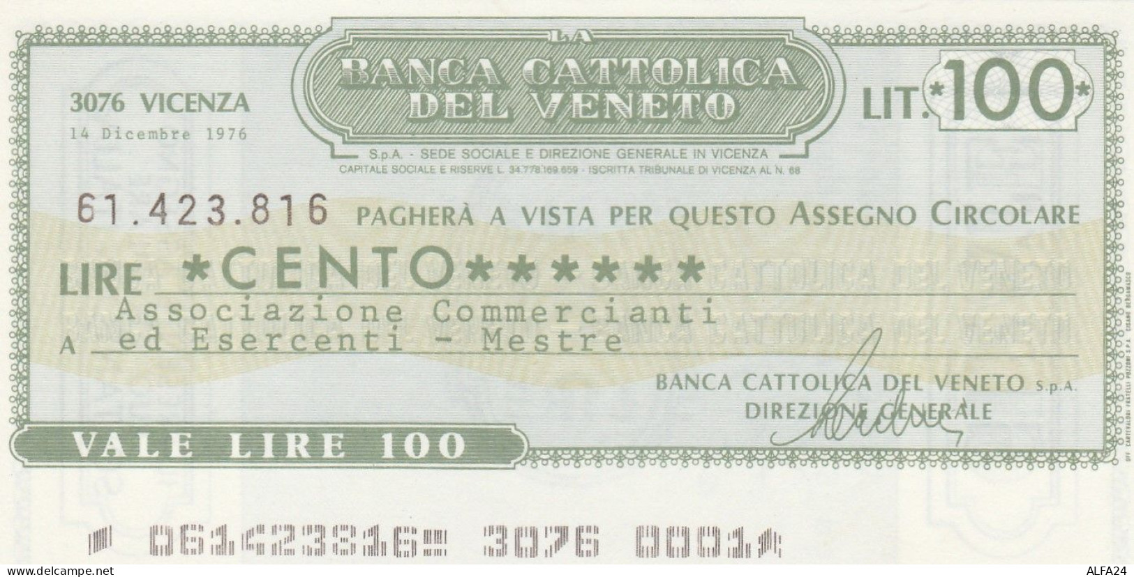 MINIASSEGNO BANCA CATTOLICA VENETO 100 L. ASS COMM MESTRE (A228---FDS - [10] Checks And Mini-checks
