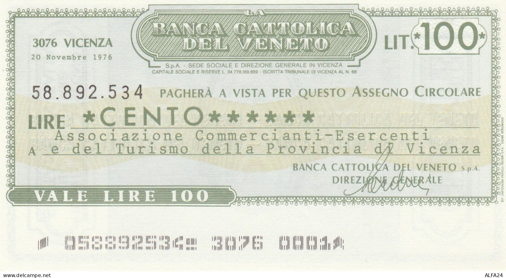 MINIASSEGNO BANCA CATTOLICA VENETO 100 L. ASS COMM VI (A227---FDS - [10] Cheques Y Mini-cheques