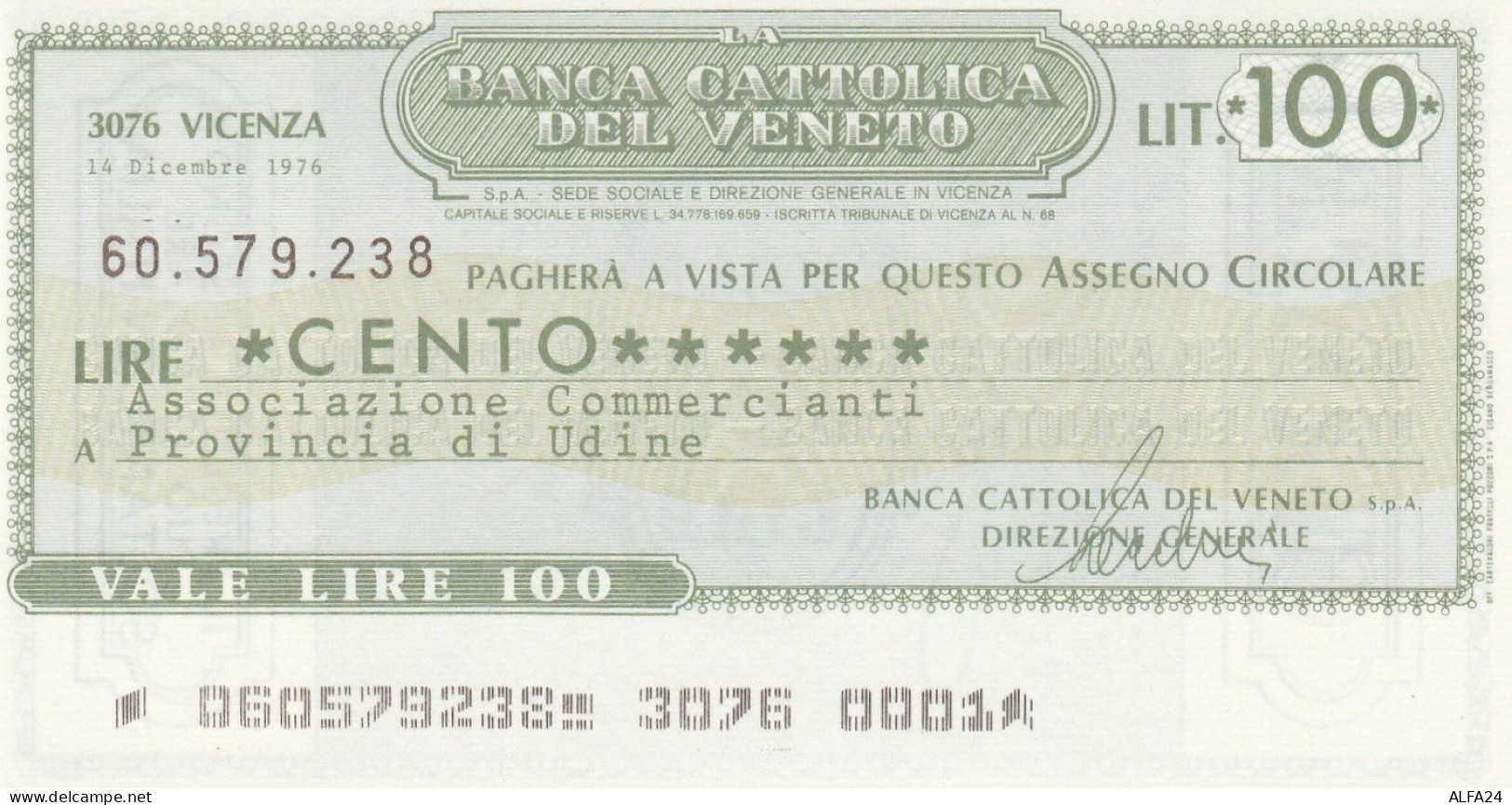 MINIASSEGNO BANCA CATTOLICA VENETO 100 L. UN COMM UD (A214---FDS - [10] Scheck Und Mini-Scheck