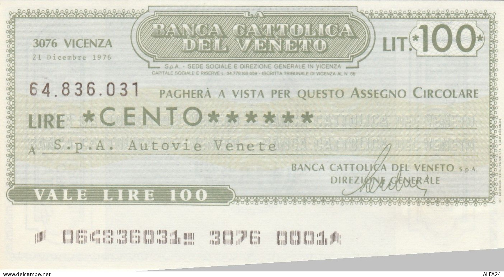 MINIASSEGNO BANCA CATTOLICA VENETO 100 L. AUTOVIE VENETE (A204---FDS - [10] Assegni E Miniassegni