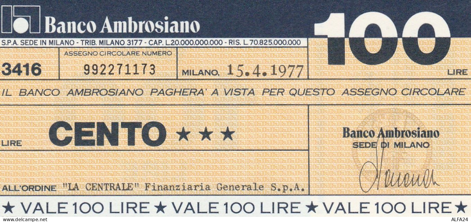 MINIASSEGNO BANCO AMBROSIANO 100 L. LA CENTRALE (A184---FDS - [10] Cheques Y Mini-cheques