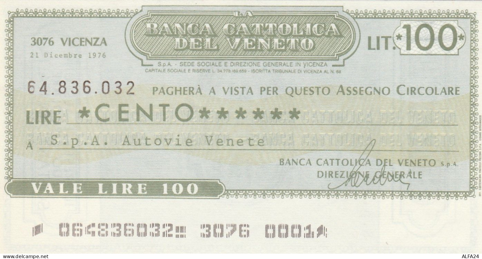 MINIASSEGNO BANCA CATTOLICA VENETO 100 L. AUTOVIE VENETE (A202---FDS - [10] Scheck Und Mini-Scheck