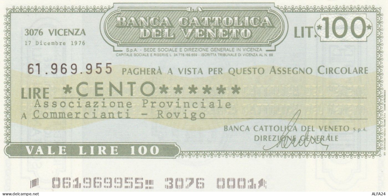 MINIASSEGNO BANCA CATTOLICA VENETO 100 L. ASS COMM ROVIGO (A200---FDS - [10] Cheques Y Mini-cheques