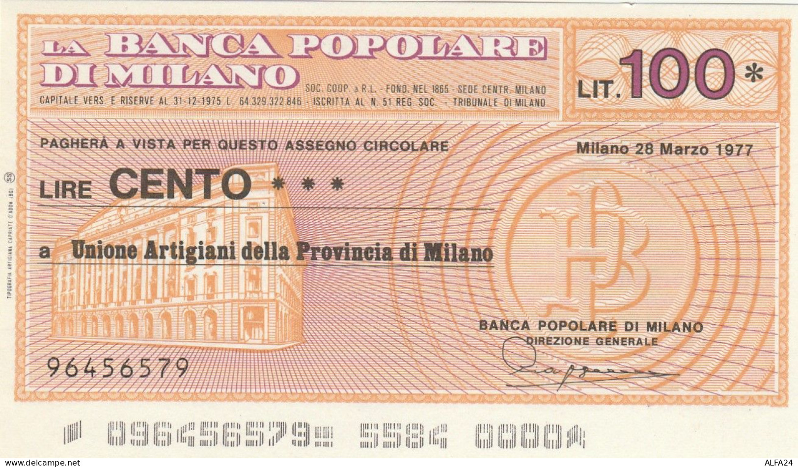 MINIASSEGNO BANCA POPOLARE MILANO 100 L. UN ARTIG PROV MI -GRASSETTO (A173---FDS - [10] Cheques Y Mini-cheques