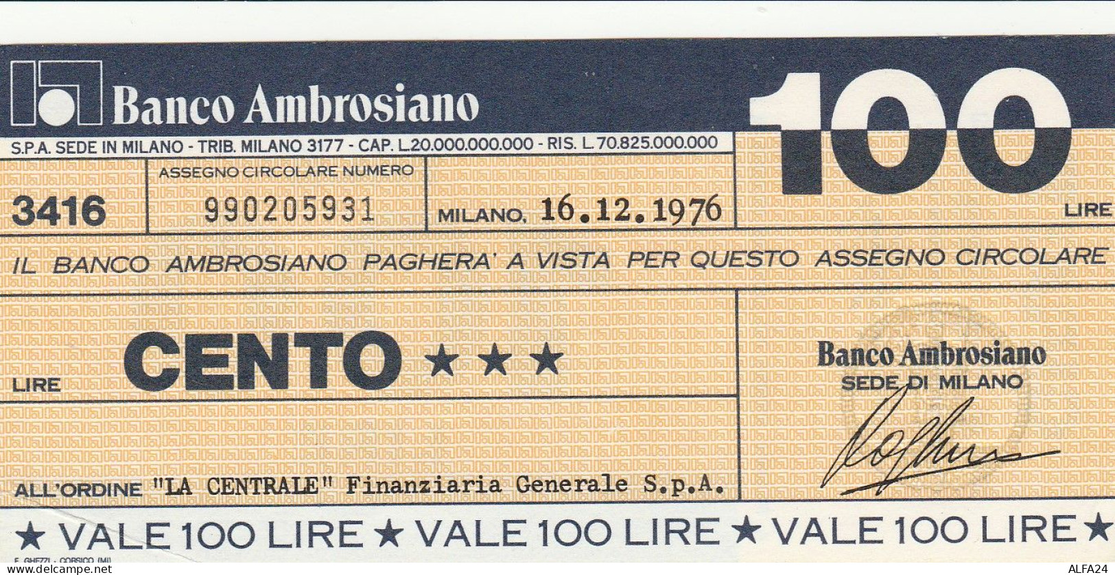 MINIASSEGNO BANCO AMBROSIANO 100 L. LA CENTRALE (A185---FDS - [10] Assegni E Miniassegni