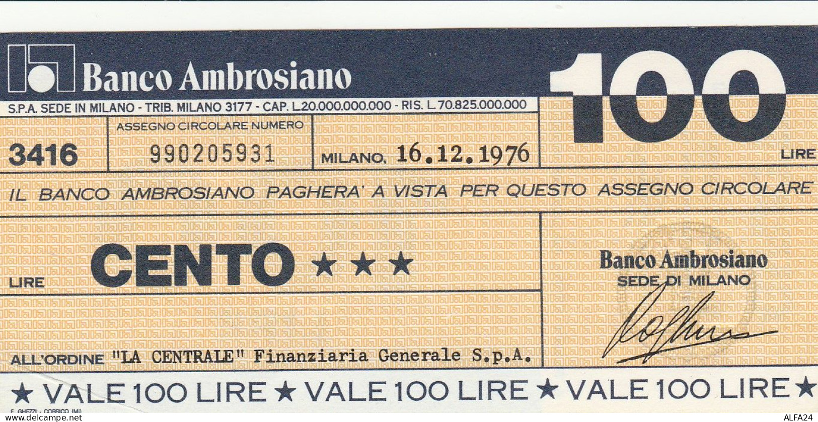 MINIASSEGNO BANCO AMBROSIANO 100 L. LA CENTRALE (A185---FDS - [10] Cheques Y Mini-cheques