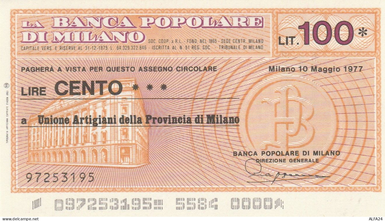 MINIASSEGNO BANCA POPOLARE MILANO 100 L. UN ARTIG PROV MI -GRASSETTO (A175---FDS - [10] Cheques Y Mini-cheques