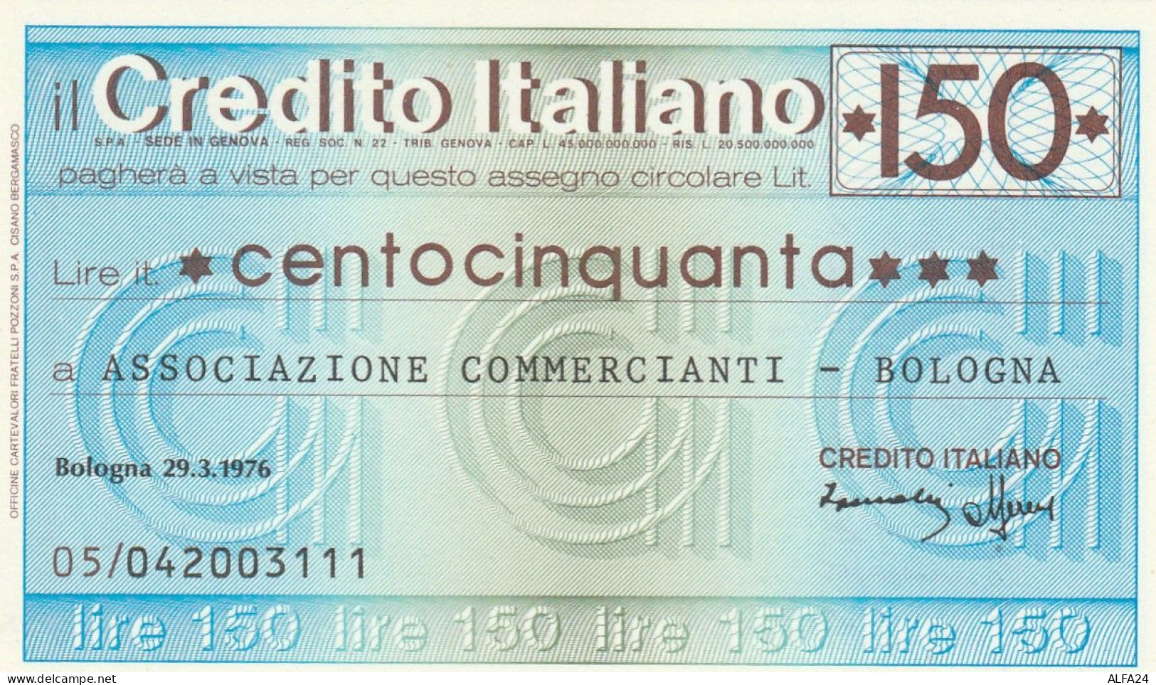 MINIASSEGNO CREDITO ITALIANO 150 L. AS COMM BO (A166---FDS - [10] Assegni E Miniassegni