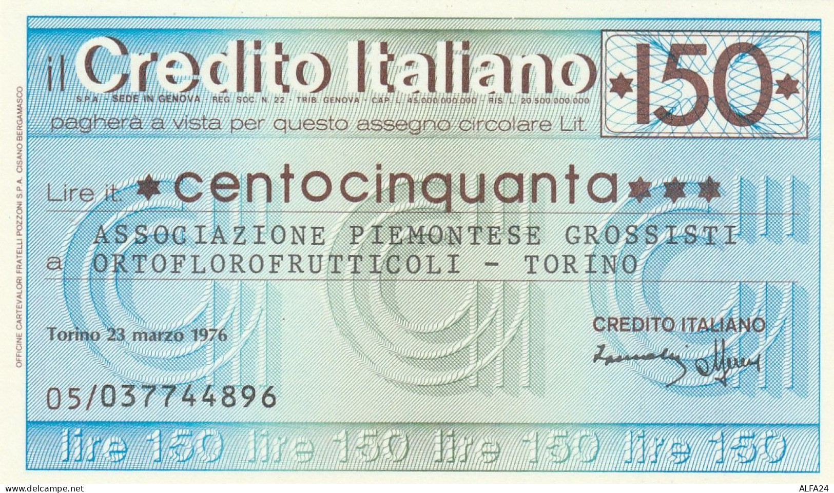 MINIASSEGNO CREDITO ITALIANO 150 L. ASS PIEMONTESE ORTOFLOROFRUT. (A153---FDS - [10] Cheques Y Mini-cheques