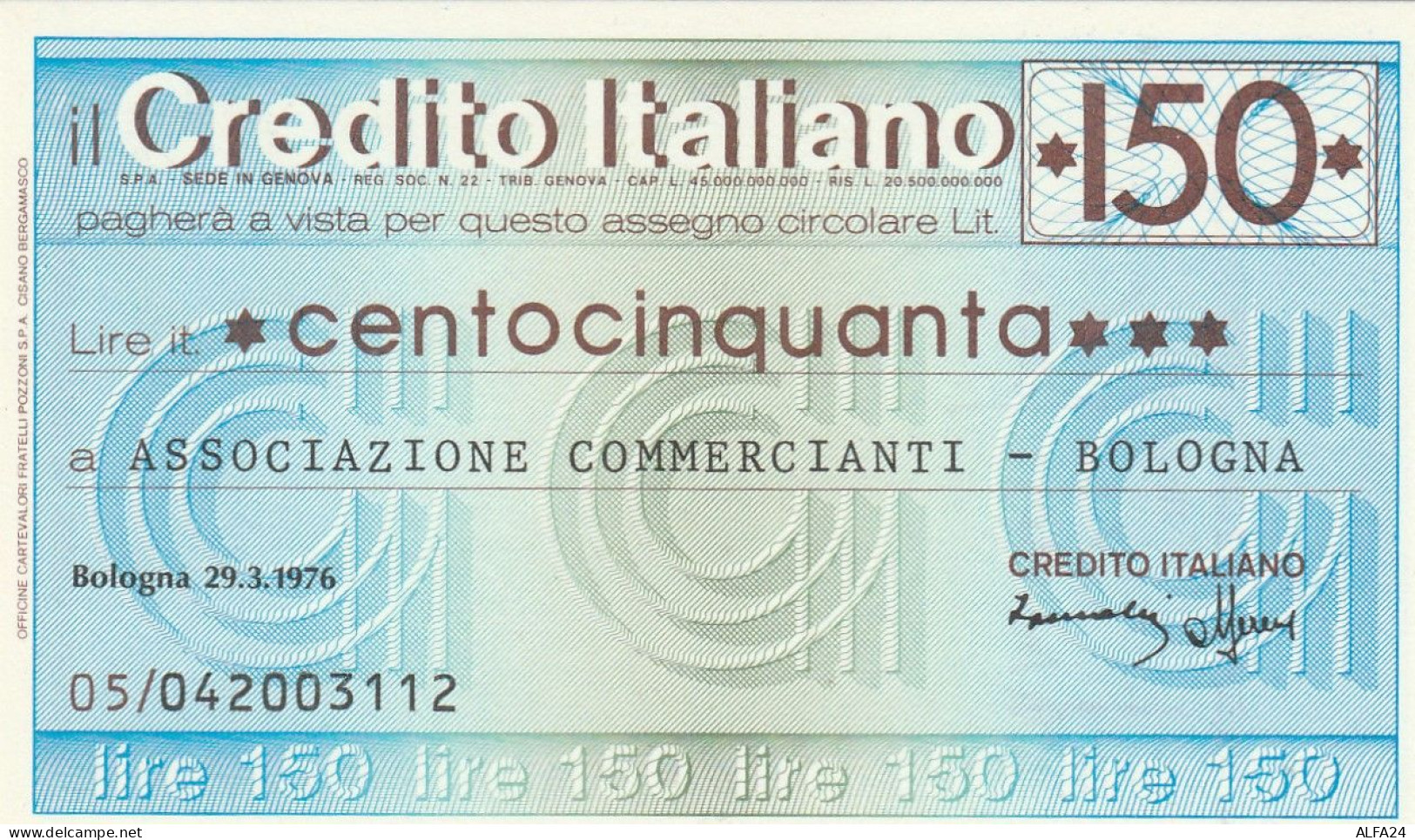 MINIASSEGNO CREDITO ITALIANO 150 L. ASS COMM BO (A150---FDS - [10] Chèques